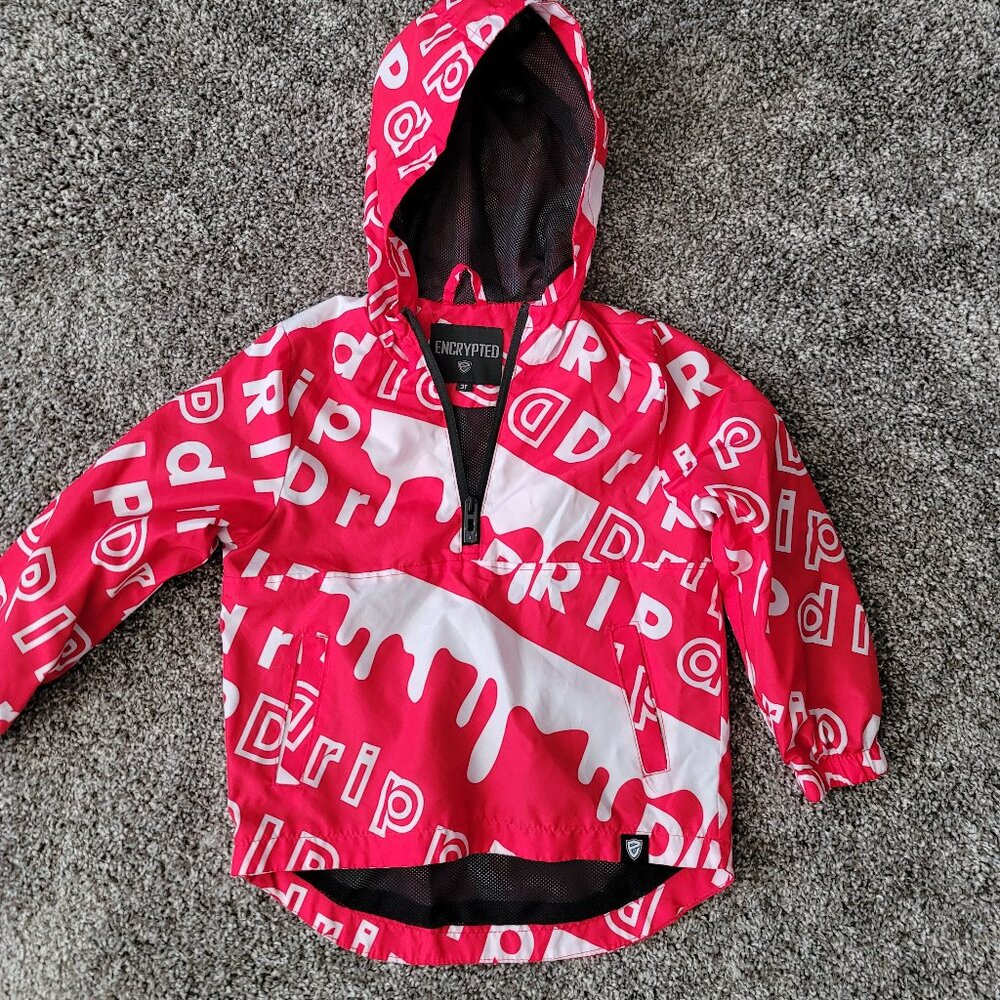 Encrypted Jacket 1/4 Zip Hooded Red White Windbreaker Pockets Size 3T